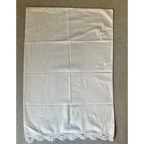 Praying Hands Pillowcase Hand Embroidered White Crocheted Edge pink Tan Prayer - Picture 5 of 6